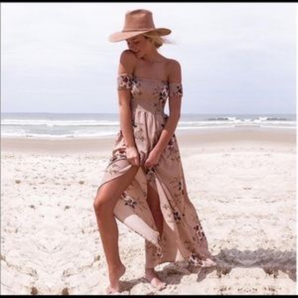 TAN off the shoulder slit maxi dress